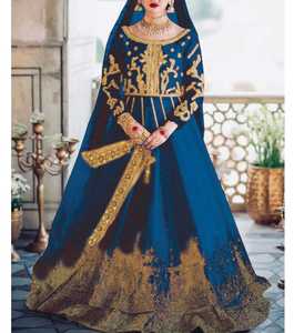 Elegante lehenga naranja de gasa bordada con cuello alto, manga larga, corte en A y largo hasta el suelo. El mejor atuendo para Mehndi. - Product Image 6