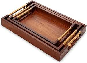 Bandeja de Servir Moderna de Madera Natural, Rectangular, Hecha a Mano, con Asas de Metal Negro - Product Image 3
