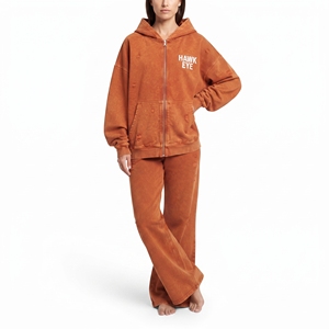 Custom Acid Wash Solid Rust Color Full Zip Hoodie Distressed Relaxed Fit Flared <b>Wide</b> <b>Leg</b> <b>Jogger</b> Tracksuit For Women - Product Image 3