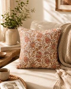 PAISLY EXPORTS Hand Block Print 100% Cotton Square Vintage Ivory Coral Floral <b>Indian</b> Washable Zipper Closure Decorative <b>Cushion</b> - Product Image 1