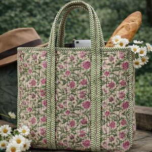 Hand Quilted Hand Block Printed Cotton Tote <b>Bag</b> Beautiful Women's Cotton <b>Beach</b> <b>Bag</b> Handmade Print Decoration Shopping Tote <b>Bag</b> - Product Image 1
