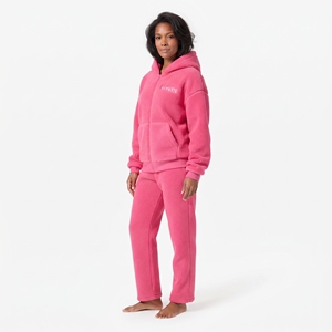 <b>Top</b> Quality <b>Women</b> Sherpa <b>Fleece</b> Full Zip Hooded Tracksuit Relaxed Fit Drop Shoulder Solid Color Winter Wear Two Piece Set - Product Image 5