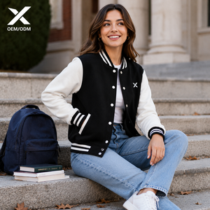 Veste universitaire pour femme X Sports City, manches en simili cuir, col rabattu, couleur unie, vêtement d'automne avec logo X sur les boutons avant - Product Image 4