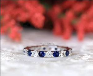 Half Full Eternity Gemstone Wedding Moissanite Blue Sapphire Eternity Band White Gold Wedding <b>Ring</b> Moissanite Band <b>Ring</b> Fine - Product Image 2
