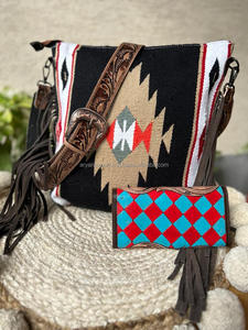 New Bohemian Hand Tooled Leather Saddle Blanket Tassel <b>Handbag</b> Stylish Hand Carving Leather Floral Wallet Combo Set for Women's - Product Image 4