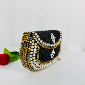 Handmade Indian Luxury Evening Bridal Clutch <b>Gold</b>-Plated White Pearl Beaded Metal Removable Chain Modern Polished Sculpture - Product Image 6