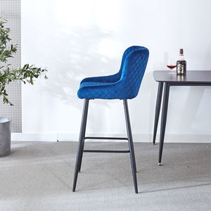 SET of 2 Counter Height <b>Bar</b> <b>Stools</b> Black Metal Legs with Velvet Upholstery for Pub Restaurant Kitchen Island-Available in <b>Blue</b> - Product Image 3
