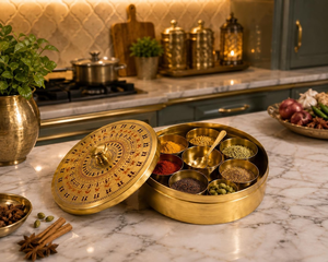 Boîte à masala artisanale en laiton avec 7 bols, rangement traditionnel indien pour épices, Dabba, organisateur de condiments de cuisine, laiton décoratif - Product Image 4