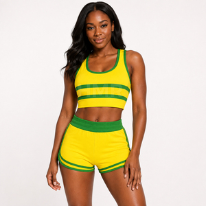 Ensemble short 2 pièces rayé jaune et vert HMR Sorority Sisterhood, sans manches, col rond, tricoté, sportif, coupe classique - Product Image 1