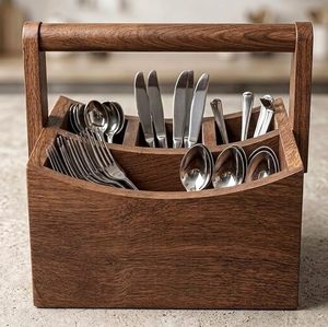 Panier porte-couverts multifonction en bois fait main avec poignée pliable, support à cuillères à 4 compartiments, organisateur de table de cuisine - Product Image 5