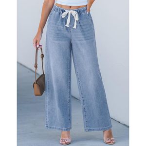 2025 pantalones vaqueros de pierna ancha de cintura alta para mujer, pantalones vaqueros elásticos con cordón de cintura elástica a la moda, bolsillos transpirables - Product Image 1