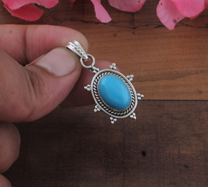 Wholesale SHREE JAIPUR SILVER Natural Turquoise Gemstone Pendant Vintage Beaded Halo Silver Plated Designer <b>Charm</b> Fine Jewelry - Product Image 2