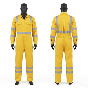 Premium Quality 240 GSM Cotton Polyester <b>Twill</b> Coverall Work Uniform Yellow with Reflective <b>Tape</b> Strips Custom Embroidered Logo - Product Image 1