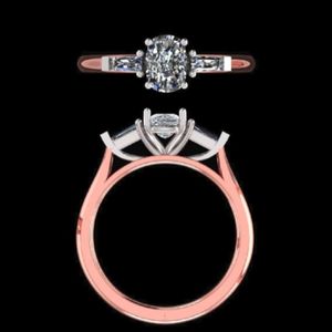 Bague de fiançailles en or rose 14K 18K avec trois pierres, diamant ovale de 1,24 ct certifié IGI, cultivé en laboratoire, baguette conique, bijoux de mariage - Product Image 2