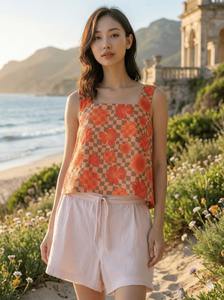 Ensemble coordonné deux pièces en coton et jute orange à motifs floraux pour femme, de qualité supérieure, confortable et doux, idéal pour la plage, disponible à la vente. - Product Image 6