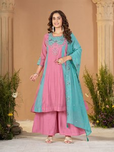 Conjunto de Salwar Kameez y Palazzo para Mujer, Color Rosa Turquesa, Bordado, en Tela Chanderi, con Dupatta, Ropa Étnica Tradicional, Sin Arrugas - Product Image 1