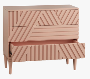 Mesita de noche moderna de color rosa claro de calidad premium con 3 cajones y frentes con textura geométrica para almacenamiento en el dormitorio. - Product Image 5