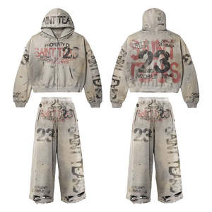 Conjunto de Chándal Unisex Personalizado con Estampado Streetwear, Lavado Ácido, Algodón Pesado, Bordado Desgastado y Pedrería, Sudadera con Capucha y Pantalones de Chándal - Product Image 5