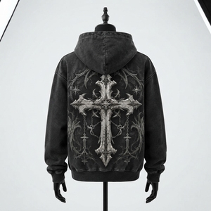 Sudadera con Capucha Oversize para Hombre con Estampado de Cruz Gótica, Lavado Ácido, Negra, Estilo Urbano, ONEAPEX, Venta al por Mayor Personalizada - Product Image 4