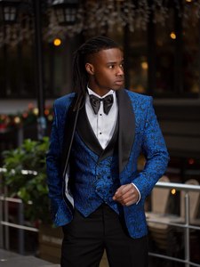 Blazer de smoking pour homme en jacquard floral bleu roi avec revers en satin noir – Veste de costume de créateur pour mariage et soirée - Product Image 1