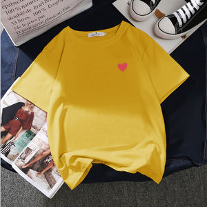 Camiseta Básica Elástica de Algodón para Mujer de Alta Calidad, Transpirable, con Estampado de Corazón, Informal, Lisa, Teñida - Product Image 3