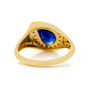 Anillo Grueso de Oro Amarillo de 14K con Zafiro Azul en Forma de Pera Hecho a Mano y Halo de Diamantes de Corte Redondo, Joyería de Piedras Preciosas Auténticas - Product Image 6