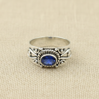925 Sterling Silber Blauer Opal Ring Vintage Blumengravur Statement-Ring Gelbgold Plattiert Handgefertigter Schmuck Geschenk für Frauen Männer