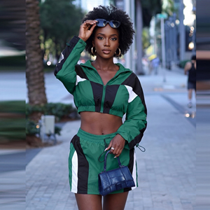 Women Windbreaker Short Set/Zipper Jacket And Drawstring Waist Shorts/Two Piece Women's Sets Windbreaker Shorts And Crop Jacket - Product Image 1