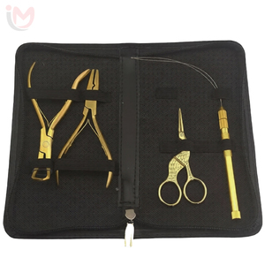 Professional Gold Hair Extension Tools Set Dual Pliers Scissors Wire Loop Threader <b>Needle</b> Zipper Storage <b>Case</b> Kit 5Pcs OEM - Product Image 1