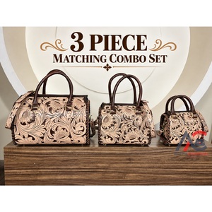 Juego de Maletas de 3 Piezas de Cuero Genuino con Diseño Floral Personalizado, Estilo Occidental, Bolsa de Viaje Tipo Bandolera - Product Image 1