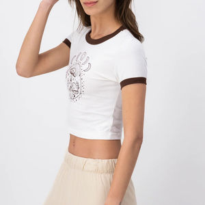 T-shirts courts décontractés d'été pour femmes en coton, sur mesure, de haute qualité, avec logo personnalisé imprimé, motif à carreaux, vente en gros OEM - Product Image 4