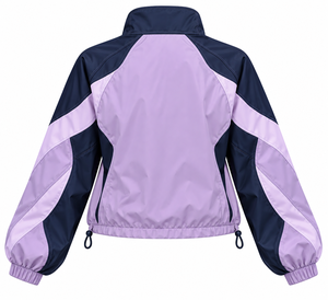 Chaqueta deportiva OEM para mujer, color lavanda y azul marino, con logotipo personalizado, cremallera completa, mangas curvas, bloques de color, ligera, venta al por mayor. - Product Image 2