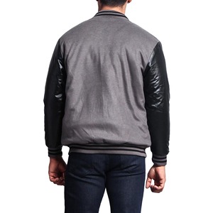 Veste universitaire grise pour homme avec manches en cuir PU, col rabattu, simple boutonnage, style décontracté pour l'automne - Product Image 2