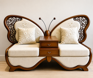 Canapé de salon de luxe en teck style ailes de papillon, canapé traditionnel deux places avec dossier capitonné, table basse carrée gonflable - Product Image 6