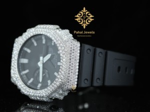 Montre de luxe pour homme Pahal Jewels avec boîtier en diamant 43 mm, cadran en cristal saphir, étanche 20 BAR, bracelet en acier inoxydable avec moissanite, ouverture par bouton-poussoir - Product Image 2