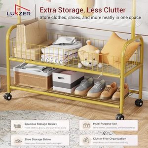 Minimalist Metal Clothing <b>Rack</b> With Storage Basket And Wheels For Living Room Multifunctional Standing Type Double Tier Design - Product Image 6