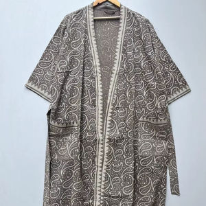 Bata Kimono de Algodón con Estampado de Bloques, Ropa de Dormir de Verano, Talla Única - Product Image 1