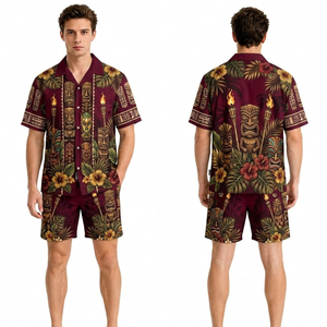 Ensemble court hawaïen à motif feuille de palmier vert, en polyester respirant de haute qualité, col boutonné, short de plage, vente chaude - Product Image 5