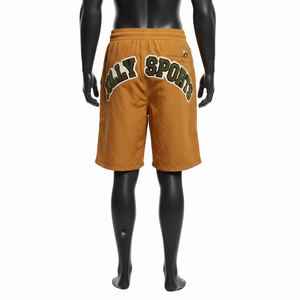 Shorts de Mujer en Nylon y Spandex Suave de 220 GSM, Color Camel Marrón, con Panel de Parche y Logotipo Personalizado por Transferencia Térmica - Product Image 2