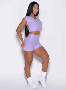 Conjunto Deportivo de 2 Piezas para Mujer, Color Lavanda, Cuello Redondo, Top Corto sin Mangas, Pantalones Cortos de Cintura Alta, Color Sólido, Tejido Transpirable, Ropa de Verano - Product Image 4