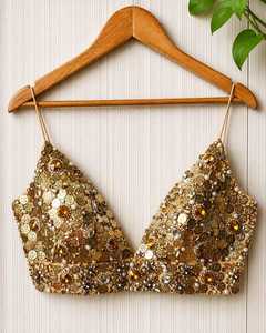 <b>Women's</b> COUTURE Gold <b>Sequined</b> Beaded Bohemian Floral Print Polyester Short Cami <b>Top</b> Front Logo Sexy Sparkly Bralette Clubwear - Product Image 3