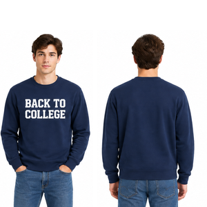 Sweat-shirt bleu marine très demandé avec imprimé « Retour à l'université » blanc, col rond décontracté – Vêtements universitaires haut de gamme - Product Image 3
