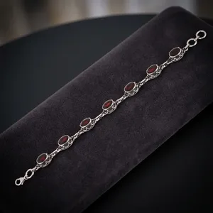 Bohemian style 925 Silver Red Garnet Bracelet Bezel Set <b>Chain</b> Link Unisex Everyday Wear - Product Image 5