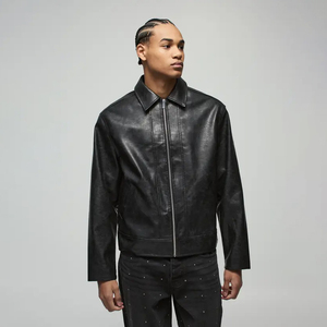 Factory Price Men Genuine Leather Waterproof Breathable Winter Bomber <b>Jacket</b> Black Slim Fit Zip-Up Turn-down Collar Ribbed Cuff - Product Image 1