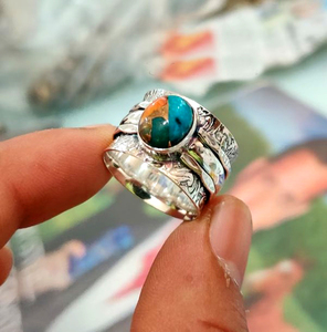 Natural Turquoise <b>Spinner</b> <b>Ring</b> 925 <b>Sterling</b> <b>Silver</b> Handmade Rotating Fidget <b>Ring</b> Vintage Multi Band Blue Gemstone <b>Ring</b> - Product Image 3