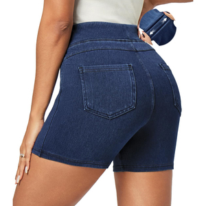 Shorts de Mezclilla de Cintura Alta para Mujer, al por Mayor, OEM, ODM, Color Sólido, Transpirables, Casuales, de Verano, con Bolsillos, Corte Recto - Product Image 2