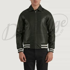 เสื้อแจ็คเก็ตหนังแท้สีเขียวเข้มสำหรับผู้ชาย คอปกเสื้อเชิ้ต สไตล์วาร์ซิตี้ บอมเบอร์โค้ท แขนเสื้อแบบริบแถบลายทาง ทรงเข้ารูป - Product Image 6
