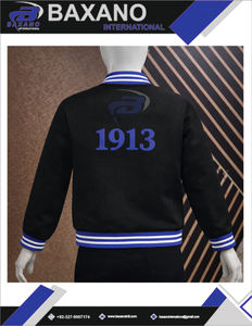 Delta |   Sigma |   Chaqueta de béisbol Theta Sorority para mujer, ropa exterior negra y azul real, chaqueta DST Sorority con diseño de logotipo personalizado - Product Image 5