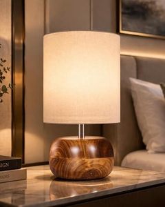 Modern Round <b>LED</b> <b>Table</b> Lamp Fabric Shade Wood Grain Base <b>Bedside</b> Desk Light for Living Room Bedroom Hotel Housewarming - Product Image 4