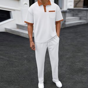 Men's Summer Casual Two Piece <b>Set</b> Solid Color <b>Knitted</b> Cotton Polo Shirt and Pants Breathable Lightweight Comfortable Wear - Product Image 3